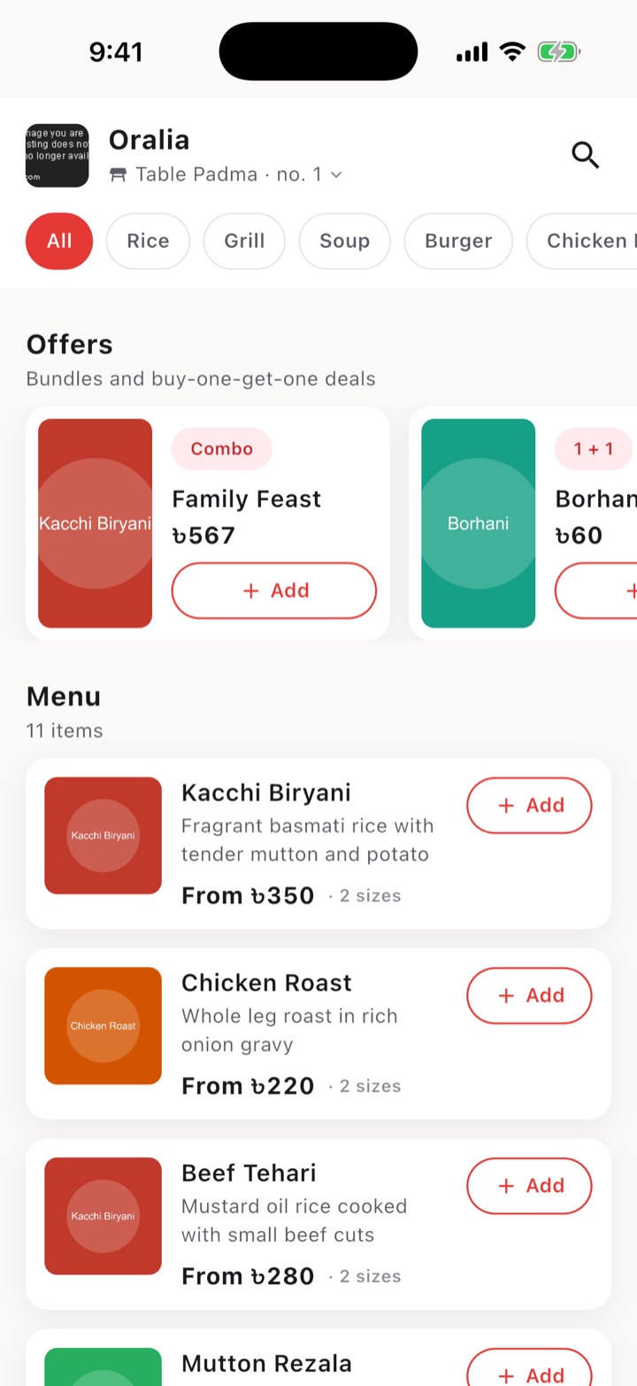 The LiteBite menu for a table: offers at the top, then dishes with prices and an Add button